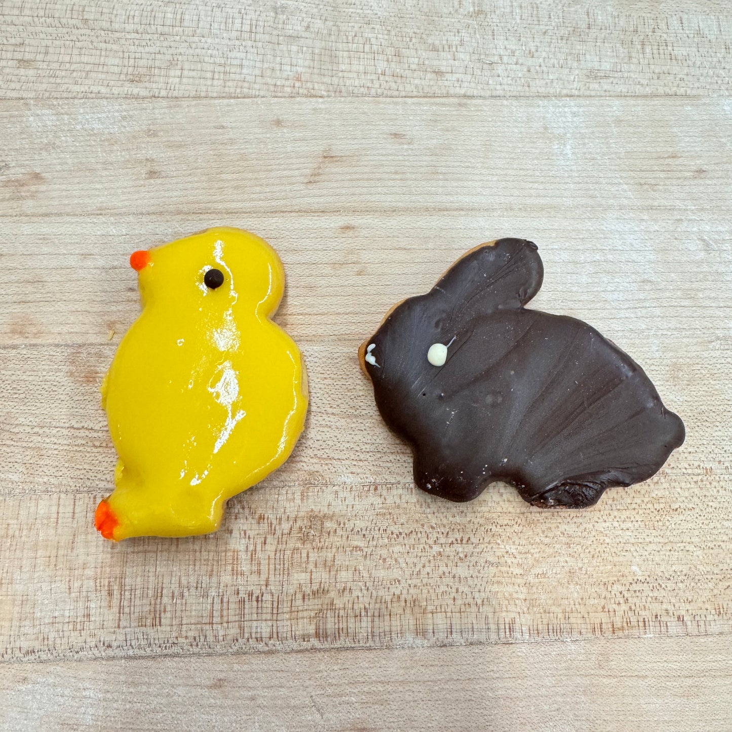 Iced yellow easter chick or chocolate bunny sugar cookies