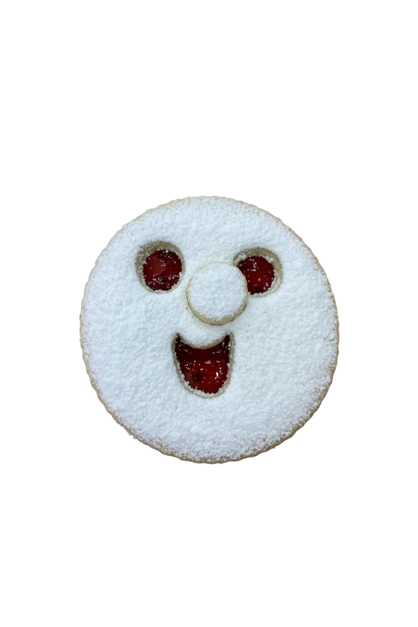 Two layers of sugar cookie with a raspberry filling and sprinkled with icing sugar
