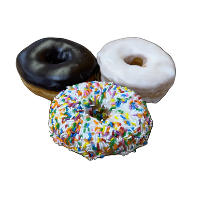 Glazed, chocolate and sprinkled donuts
