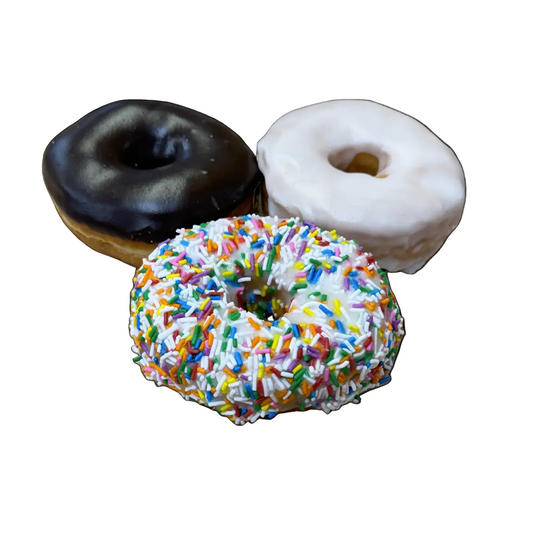 Glazed, chocolate and sprinkled donuts
