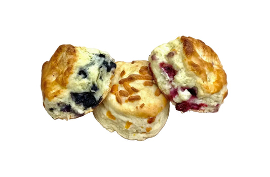Three assorted scones, cheese, blueberry and cranberry